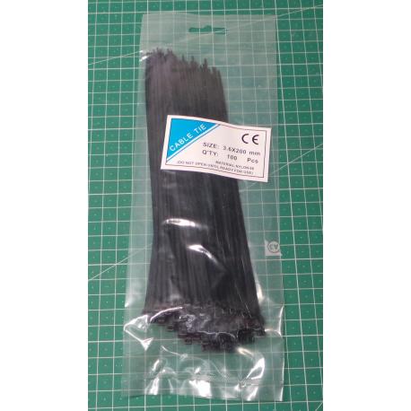 Stahovací páska 3,6x200mm černá, balení 100ks