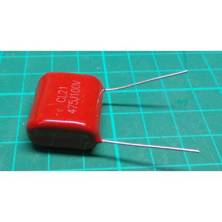 Capacitor: polyester, 4.7uF, 100VDC, Pitch: 20mm, ± 10%