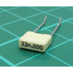 Capacitor, 33nF, 100V, Polyester Film, 5mm pitch, ±5%