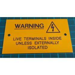 Plastic warning label, with mounting holes, 90x50x2mm, warning, live terminals inside....