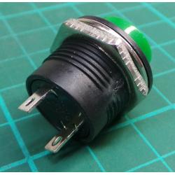 Switch, Push button, SPST, Momentary, R13-507, OFF-(ON), 250V, 3A, for 16mm hole, Green
