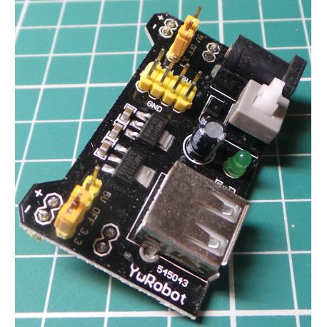 PSU Board for Breadboard, I/P USB or DC 6.5-12V, O/P 5V and or 3.3V