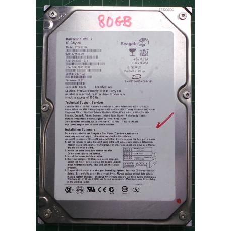 USED Hard Disk: Segate,Barracuda 720.7, ST380011A, P/N:9W2003-371,Desktop,IDE,80GB tested good,no bad sectors or SMART errors