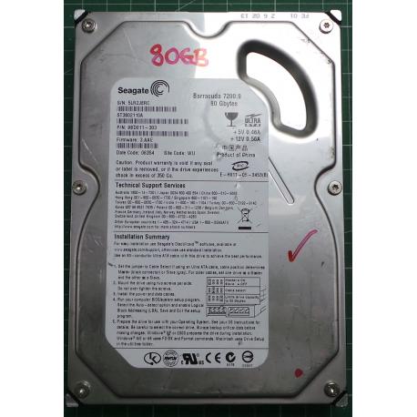 USED Hard Disk: Segate,Barracuda 7200.9,ST3802110A,P/N: 9BD011-303,Desktop,IDE,80GB tested good,no bad sectors or SMART errors