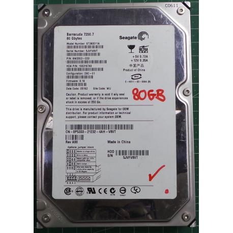 USED Hard Disk: Segate,Barracuda 7200.7 ,ST380011A,P/N: 9W2003-033,Desktop,IDE,80GB tested good,no bad sectors or SMART errors