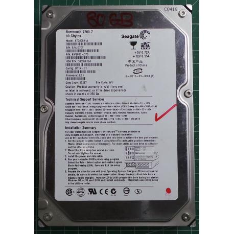USED Hard Disk: Segate,Barracuda 7200.7,ST380011A ,P/N: 9W2003-373,Desktop,IDE,80GB tested good,no bad sectors or SMART errors