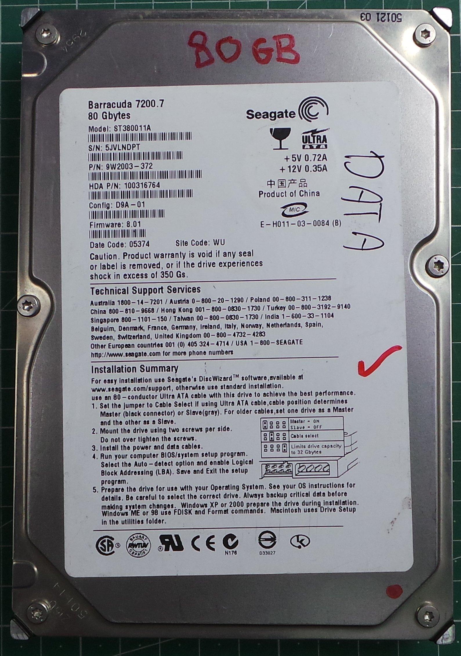 USED, Hard Disk, Seagate, Barracuda 720.10, ST380215AS, P/N:9CY111 