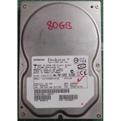 USED Hard Disk: HITACHI, HDS728080PLAT20,P/N: 0A30210, Desktop,IDE,80GB tested good,no bad sectors or SMART errors