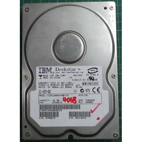 USED Hard Disk: HITACHI, IC35L040AVVN07-0, P/N: 07N9679, Desktop,IDE,40GB tested good,no bad sectors or SMART errors