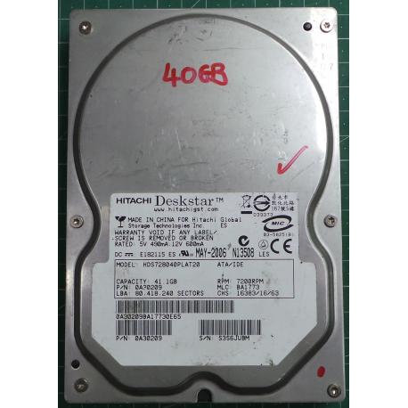 USED Hard Disk: HITACHI, HDS728040PLAT20, P/N: 0A30209, Desktop,IDE,40GB tested good,no bad sectors or SMART errors