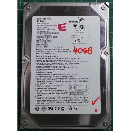 USED Hard Disk: Segate,Barracuda 7200.7, ST340014A,P/N: 9W2005-371,Desktop,IDE,40GB tested good,no bad sectors or SMART errors