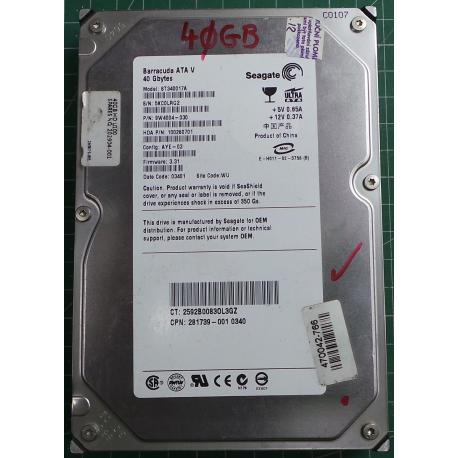 USED Hard Disk: Segate,Barracuda ATA V, ST340017A, P/N: 9W4004-030,Desktop,IDE,40GB tested good,no bad sectors or SMART errors