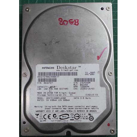 USED Hard Disk: HITACHI, HDS721680PLA380, P/N: 0A32727, Desktop,SATA,80GB tested good,no bad sectors or SMART errors