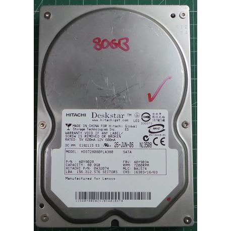 USED Hard Disk: HITACHI, HDS728080PLA380, P/N: 40Y9028, Desktop,SATA,80GB tested good,no bad sectors or SMART errors