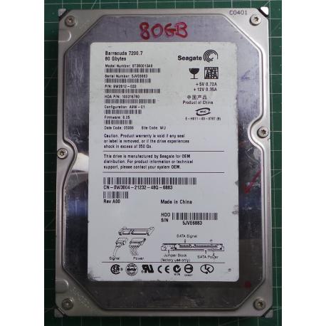 USED Hard Disk: Segate,Barracuda 7200.7,ST380013AS,P/N:9W2812-033,Desktop,SATA,80GB tested good,no bad sectors or SMART errors