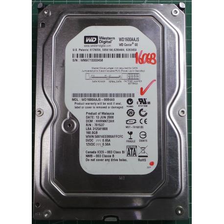 USED Hard Disk,WD1600AAJS, WD Caviar, WD1600AAJS-00B4A0,Desktop, SATA, 160GB tested good, no bad sectors or SMART errors