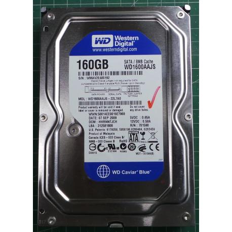 USED Hard Disk,WD1600AAJS, WD Caviar, WD1600AAJS-22L7A0,Desktop, SATA, 160GB tested good, no bad sectors or SMART errors