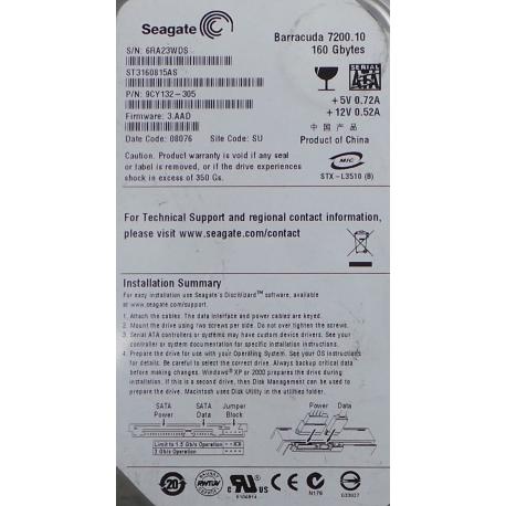 USED Hard Disk:Segate,Barracuda 7200.10,ST3160815AS,P/N:9CY132-305,Desktop,SATA,160GB tested good,no bad sectors or SMART errors