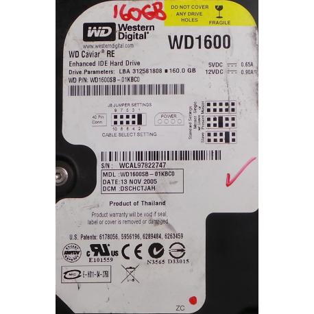 USED Hard Disk,WD1600, WD Caviar, WD1600SB-01KBC0,Desktop, IDE, 160GB tested good, no bad sectors or SMART errors