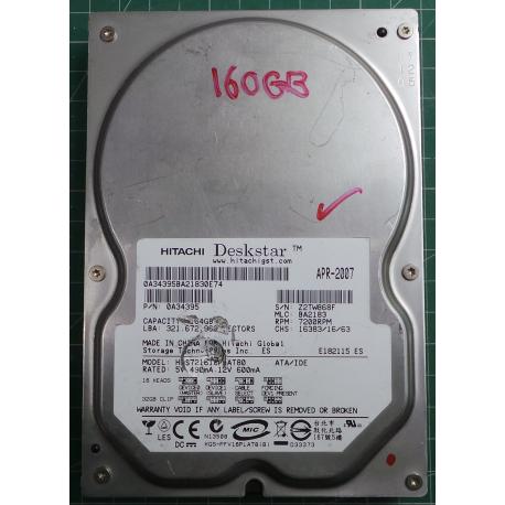 USED Hard Disk,HITACHI,HDS721616PLAT80,P/N:0A34395,Desktop, IDE, 160GB tested good, no bad sectors or SMART errors