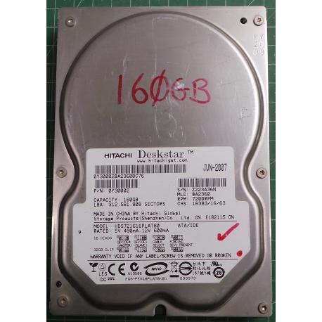 USED Hard Disk,HITACHI,HDS721616PLAT80,P/N:0Y30002,Desktop, IDE, 160GB tested good, no bad sectors or SMART errors