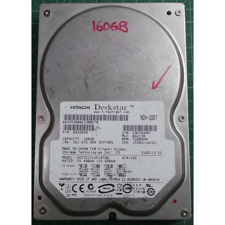 USED Hard Disk,HITACHI,HDS721616PLAT80,P/N:0A33538,Desktop, IDE, 160GB tested good, no bad sectors or SMART errors