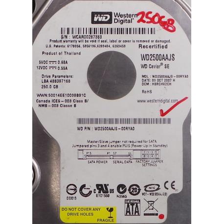 USED Hard Disk,WD2500AAJS,WD Caviar,WD2500AAJS-00RYA0,Desktop, SATA, 250GB, tested good, no bad sectors or SMART errors