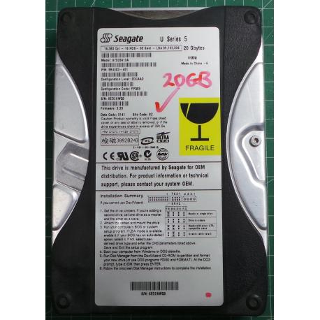 Used, Hard disk,Segate,U Series 5,ST320413A,P/N:9R4003-401,Deskop, IDE, 20GB tested good, no bad sectors or SMART errors