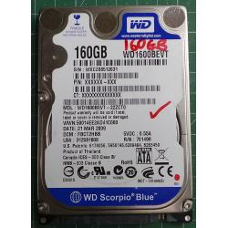 Used, Hard Disk,WD1600BEVT, WD Scorpio, WD1600BEVT-22ZCT0, Laptop, SATA, 160GB tested good, no bad sectors or SMART errors