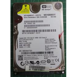 Used, Hard Disk,WD1600BEVT, WD Scorpio, WD1600BEVT-22ZCT0, Laptop, SATA, 160GB