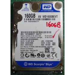 Used, Hard Disk,AV WD1600BEVT, WD Scorpio, WD1600BEVT-63ZCT0, Laptop, SATA, 160GB tested good, no bad sectors or SMART errors