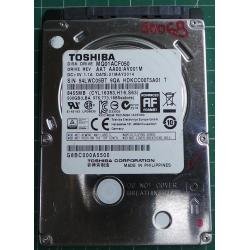USED Hard disk,TOSHIBA, MQ01ACF050, SATA, 500GB tested good, no bad sectors or SMART errors