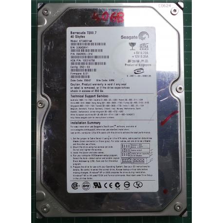 USED Hard Disk: Segate, 7200.7, ST340014A, P/N: 9W2005-314,Desktop,IDE,40GB tested good,no bad sectors or SMART errors