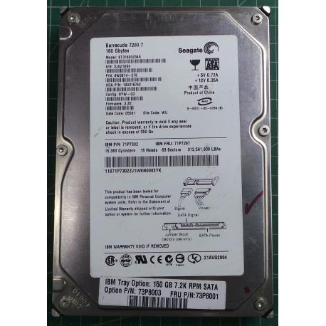 USED, Hard Disk, Seagate, Barracuda 7200.7, ST3160023AS, P/N: 9W2814-076, Firmware: 3.25, Desktop, SATA , 160GB