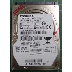 USED, Hard disk, Toshiba, MK3276GSX, HDD2J94 F VL01 T, P/N: 645214-001, Laptop, SATA, 320GB