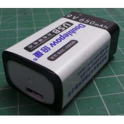 Rechargeable Battery, Li-ion, 9V, 650mAh, 6F22, charge with USB