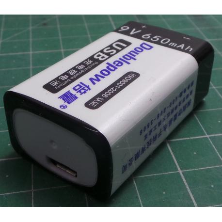 Nabíjecí baterie Li-ion 9V 650mAh 6F22, Doublepow, napájení USB