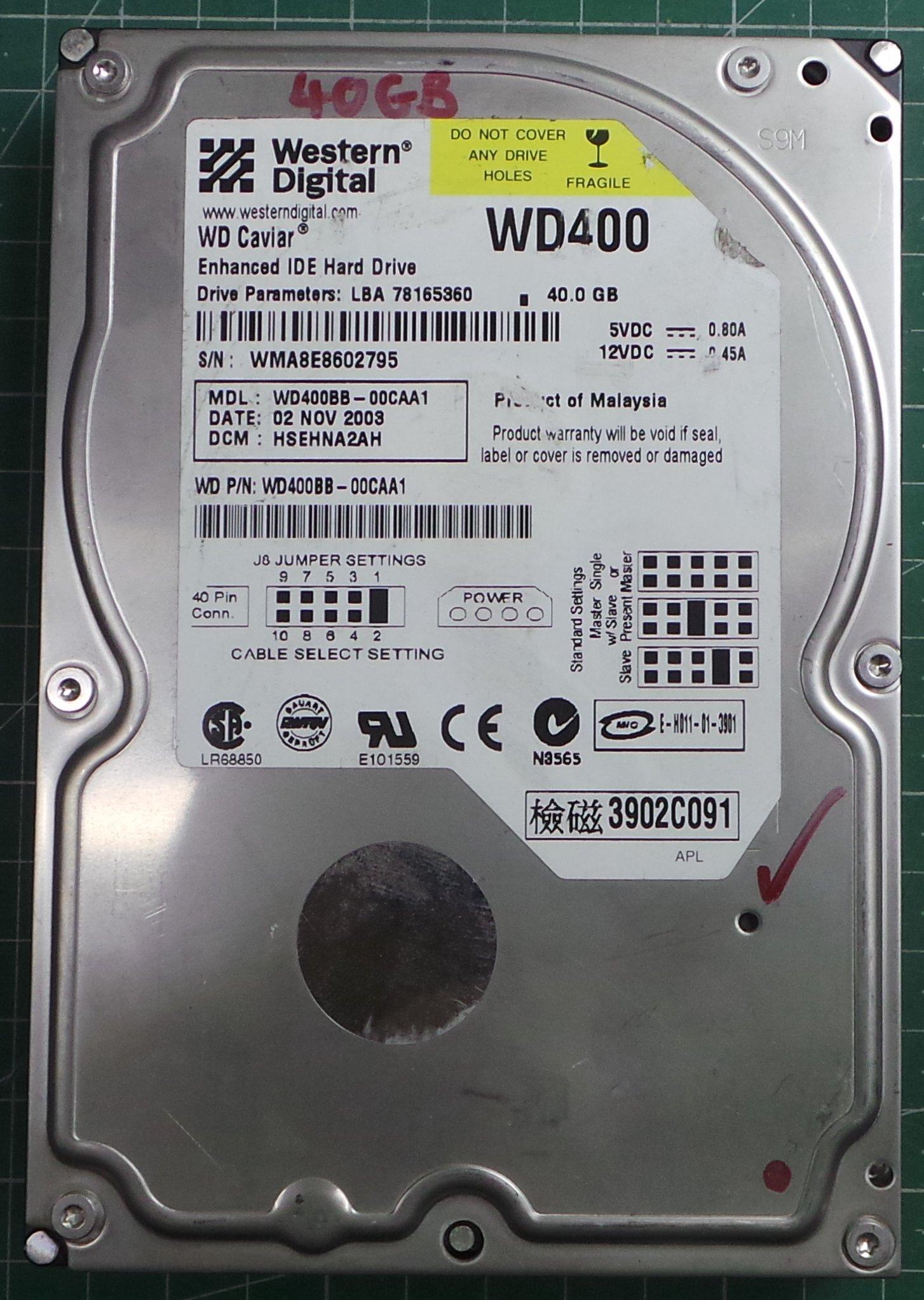 USED, Hard disk, WD400BB-00CAA1, WD Caviar, Desktop, IDE, 40GB - DSMCZ