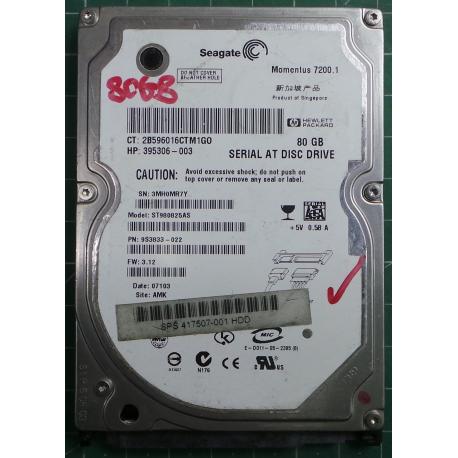 USED, Hard disk, Seagate, Momentus 7200.1, ST980825AS, P/N: 9S3833-022, Firmware: 3.12, Laptop, SATA, 80GB