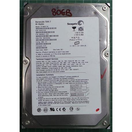 USED, Hard Disk, Seagate, Barracuda 7200.7, ST380011A, P/N: 9W2003-372, Firmware: 8.01, Desktop, IDE, 80GB