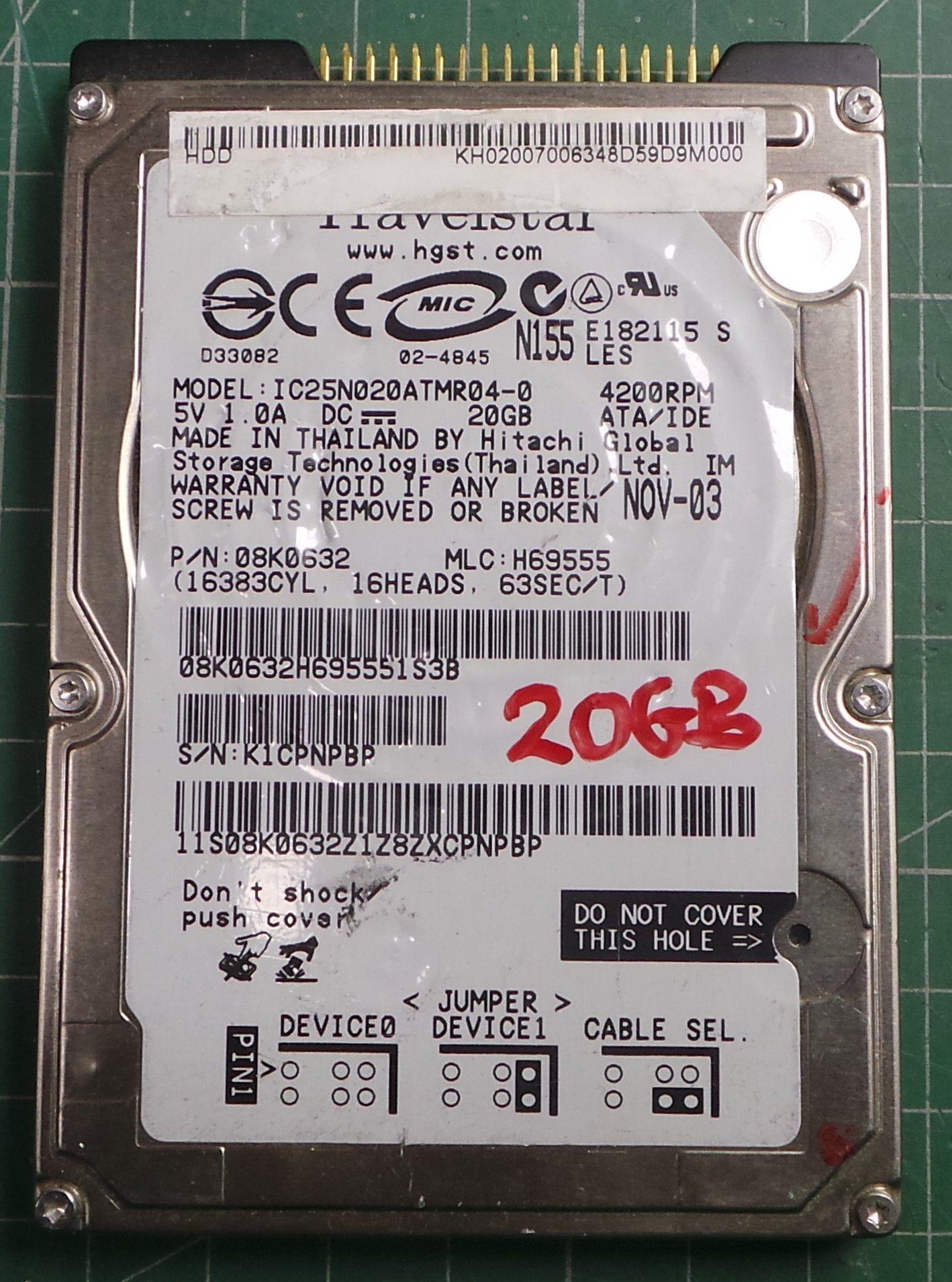 IC25N020ATMR04-0 - Hitachi Travelstar 5K80 20GB 4200RPM IDE Laptop Hard Drive (Dell 1E321) 08K0851 Hitachi IC25N020ATCS04-0 (Travelstar 40GN)