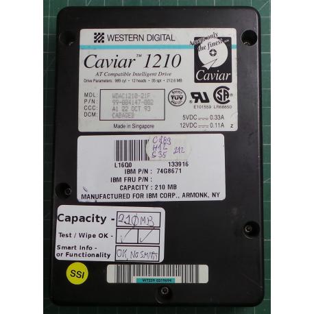 USED, Hard Disk, WD Caviar 1210, WDAC1210-21F, Wipe OK, Desktop, IDE, 210MB