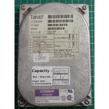 USED Hard disk, Conner, EW91BZF, Wipe Ok, Desktop, IDE, 540MB