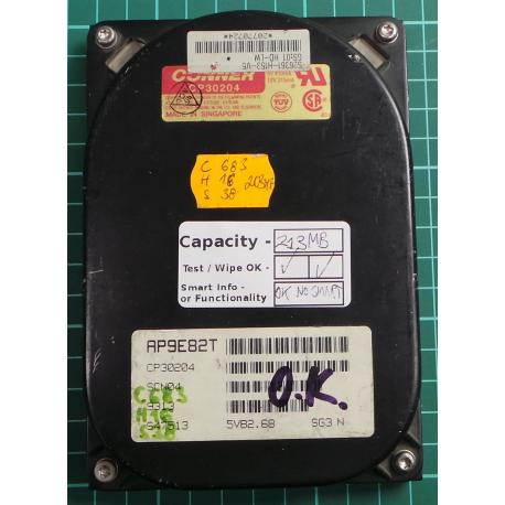 USED Hard disk, Conner, AP9E82T, CP30204, Wipe Ok, Desktop, IDE, 213MB