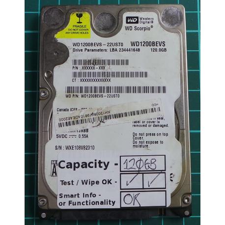 USED, Hard Disk, WD1200BEVS, WD Scorpio, WD1200BEVS-22UST0, Laptop, SATA, 120GB