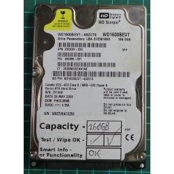 USED, Hard Disk, WD1600BEVT, WD Scorpio, WD1600BEVT-60ZCT0, Laptop, SATA, 160GB