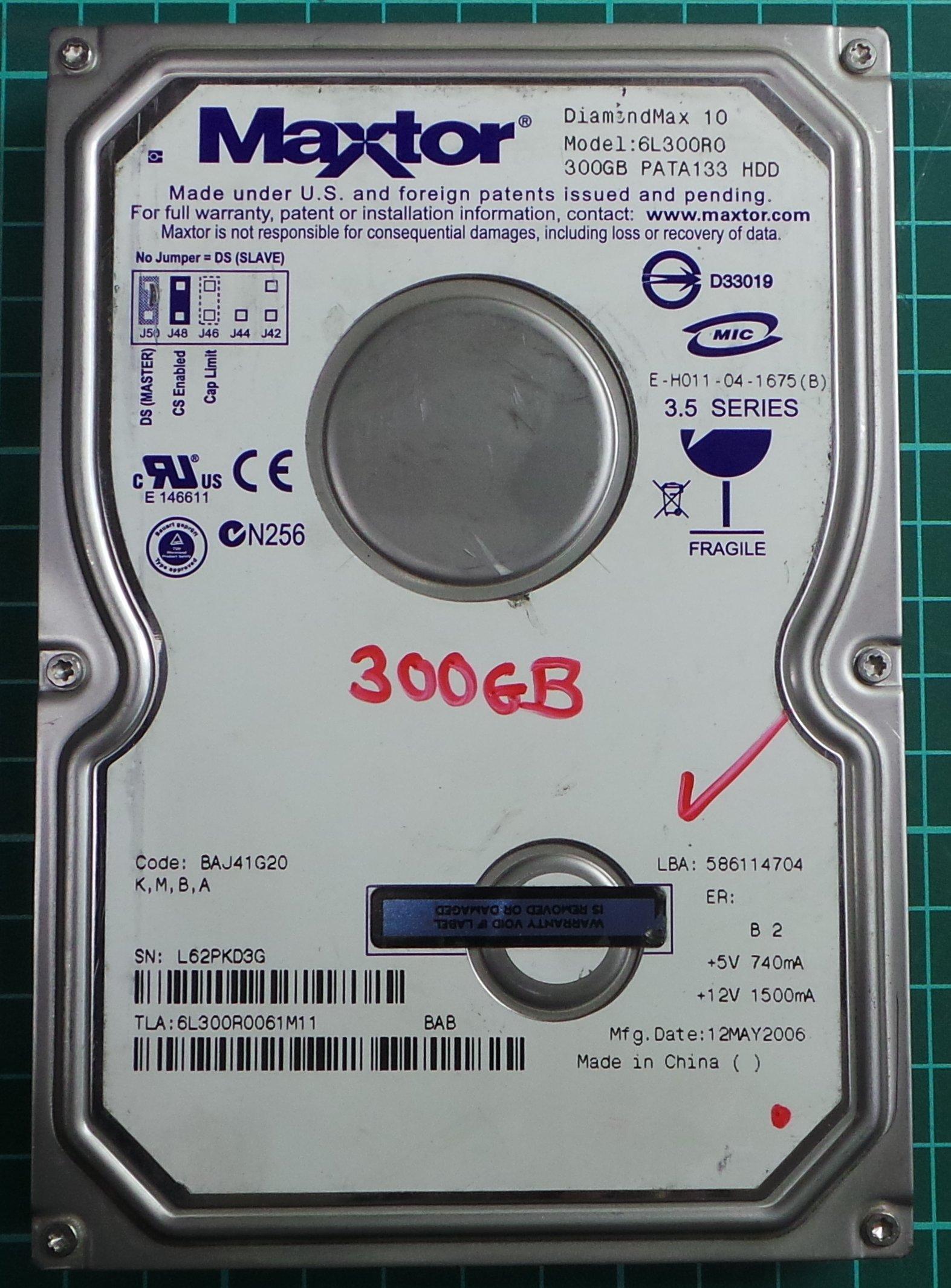 USED Hard disk, Maxtor, DiamondMax 10, 6L300R0, BAJ41G20, Desktop 