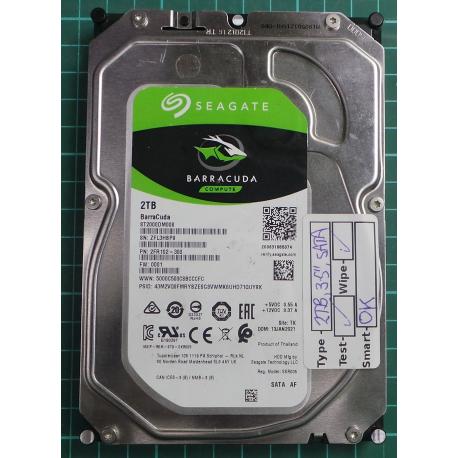 USED, Hard Disk, Seagate, Barracuda , ST2000DM008, P/N: 2FR102-300, Firmware: 0001, Desktop, SATA, 2TB