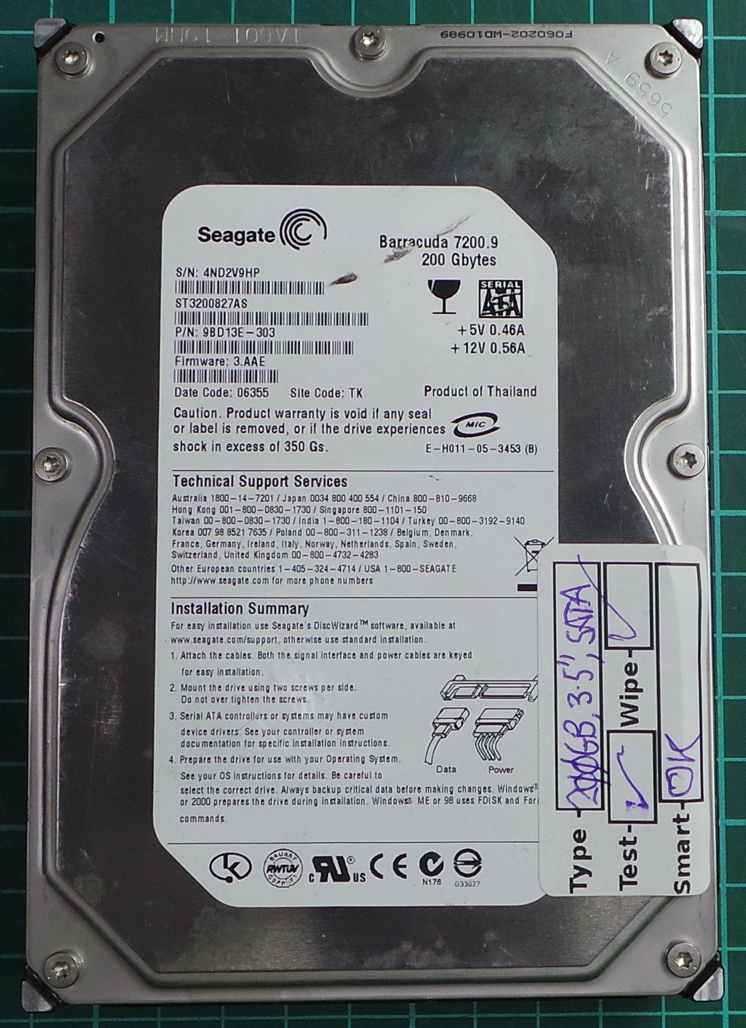 USED, Hard Disk, Seagate, Barracuda ST3200827AS, P/N: 9BD13E-303,  Firmware: Desktop, SATA, 200GB DSMCZ