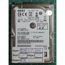 USED, Hard Disk, HGST, HTS541010A9E680, 5K1000-1000, P/N: 0J26213, Laptop, SATA , 1TB